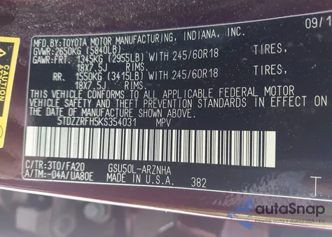 2019 Toyota Highlander Le Plus from USA, damaged, VIN 5TDZZRFH5KS354031